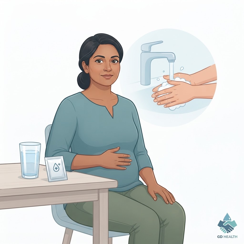 Illustration of an adult with abdominal discomfort, clean drinking water and handwashing.