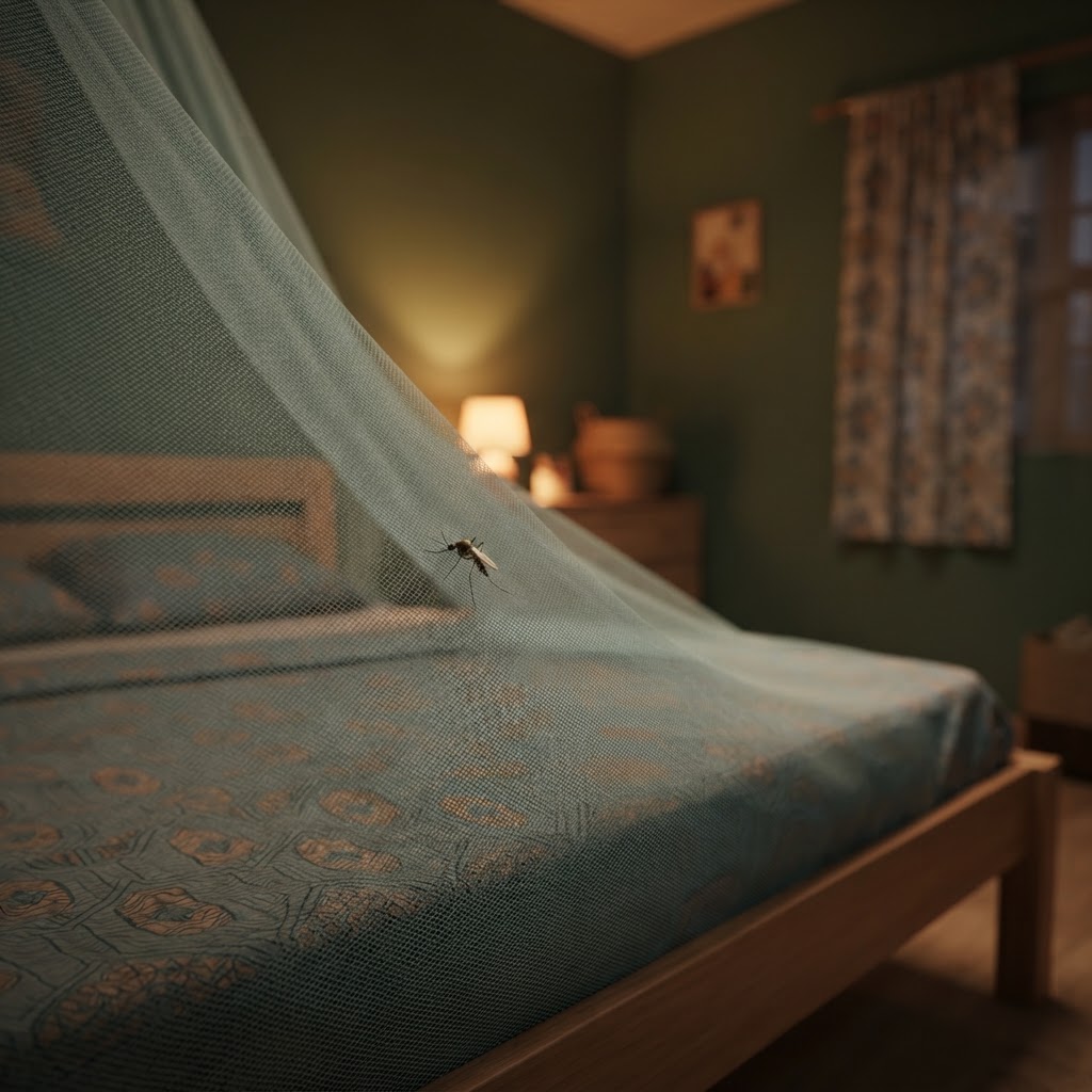 Mosquito above a bed net in a Nigerian home at night