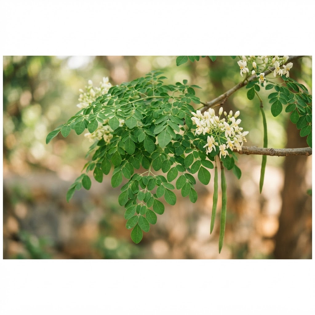 Fresh moringa leaves and seed pods
