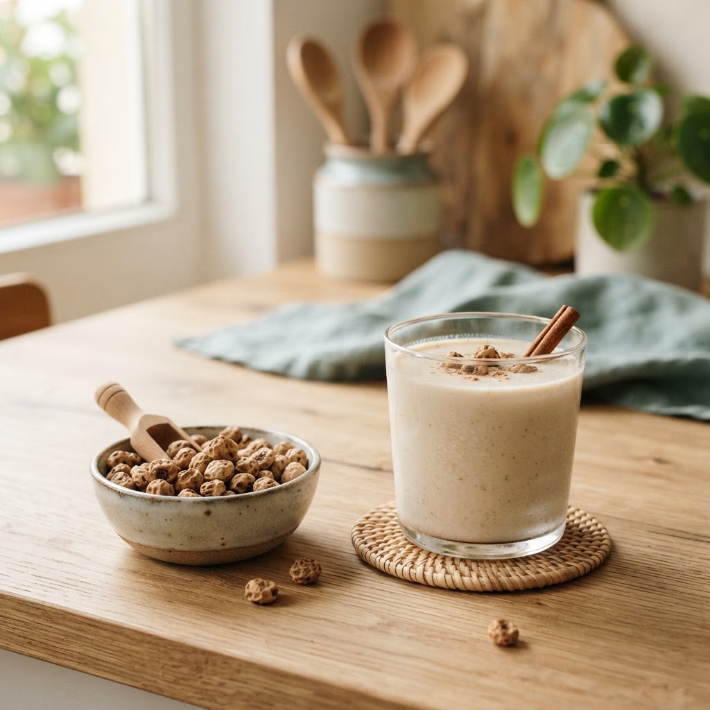 Bowl of tiger nuts beside a glass of kunu aya