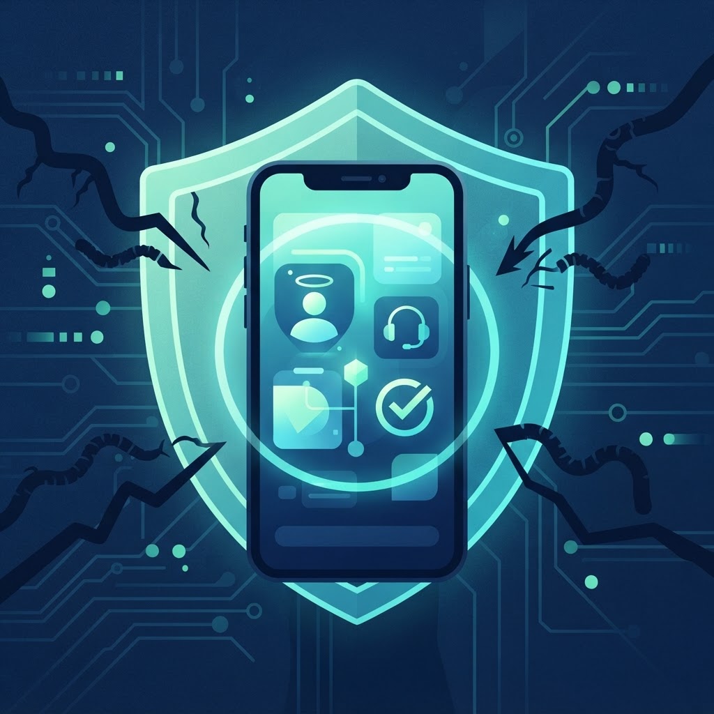 Android smartphone protected by a shield as malicious app access is blocked