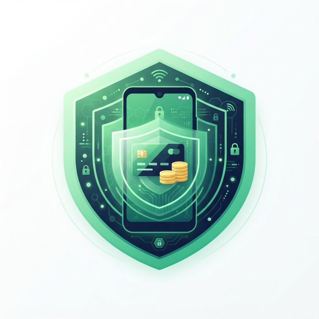 Illustration of layered security shields protecting a phone and money