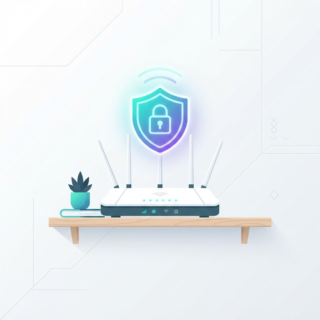 Illustration of a home Wi-Fi router protected by a security shield