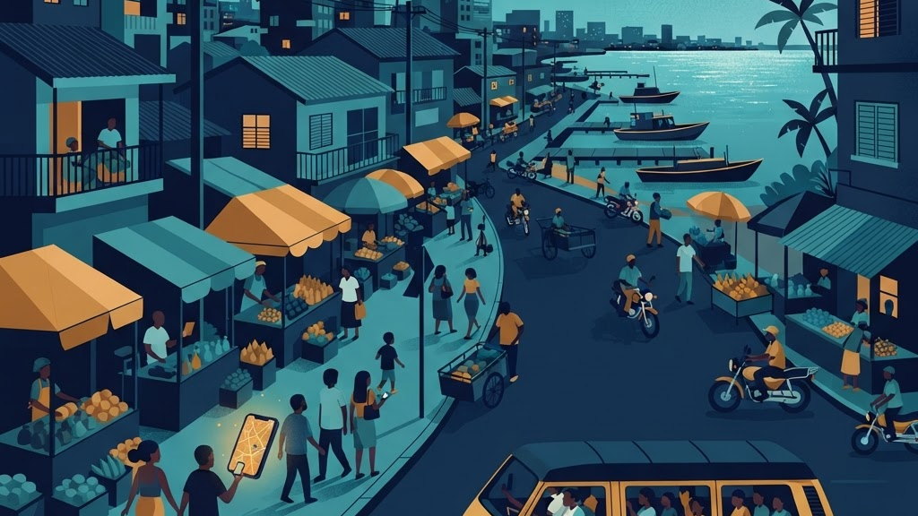 Flat vector illustration of a Lagos street scene with a yellow danfo bus and people, representing the Lagos Life browser game