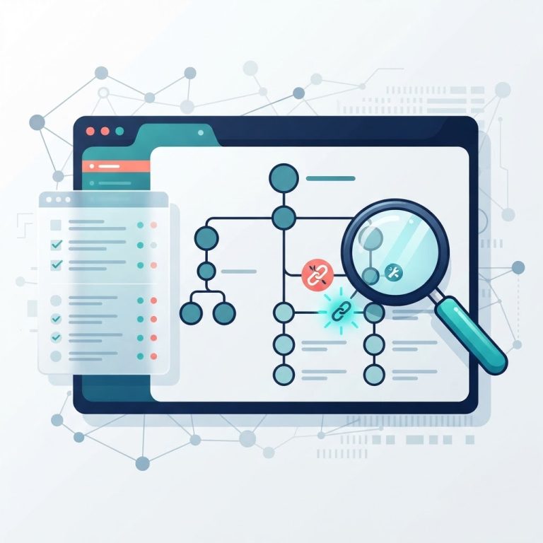 Illustration of a website map where a broken link is found and repaired