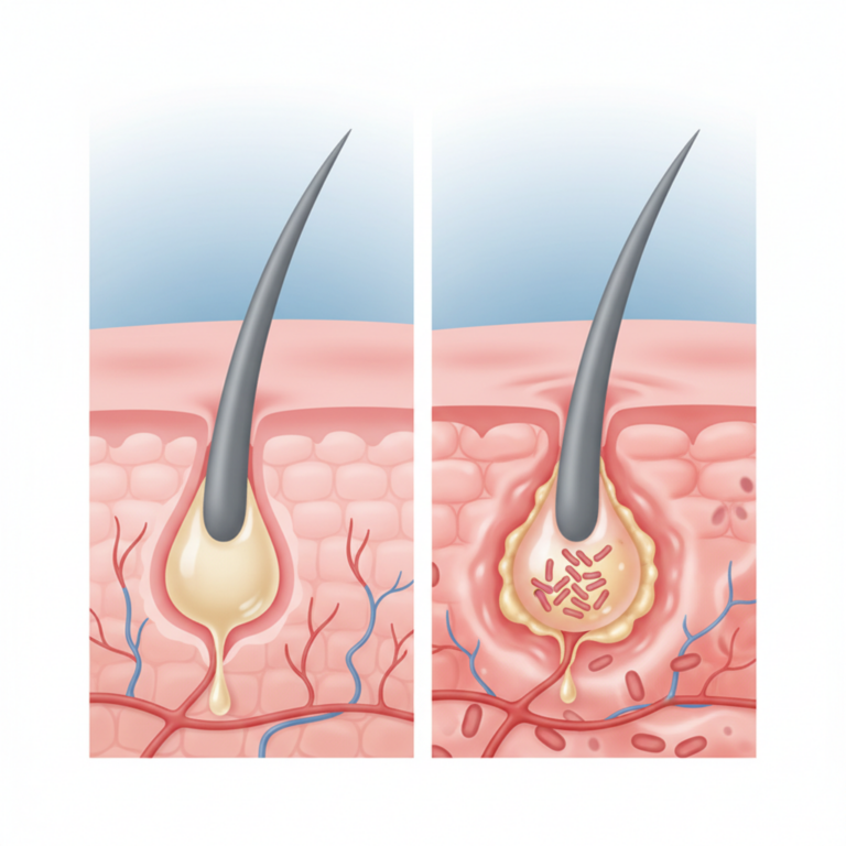 Medical illustration showing a cross-section of skin with a healthy pore and an acne-affected pore, demonstrating how pimples form inside the hair follicle
