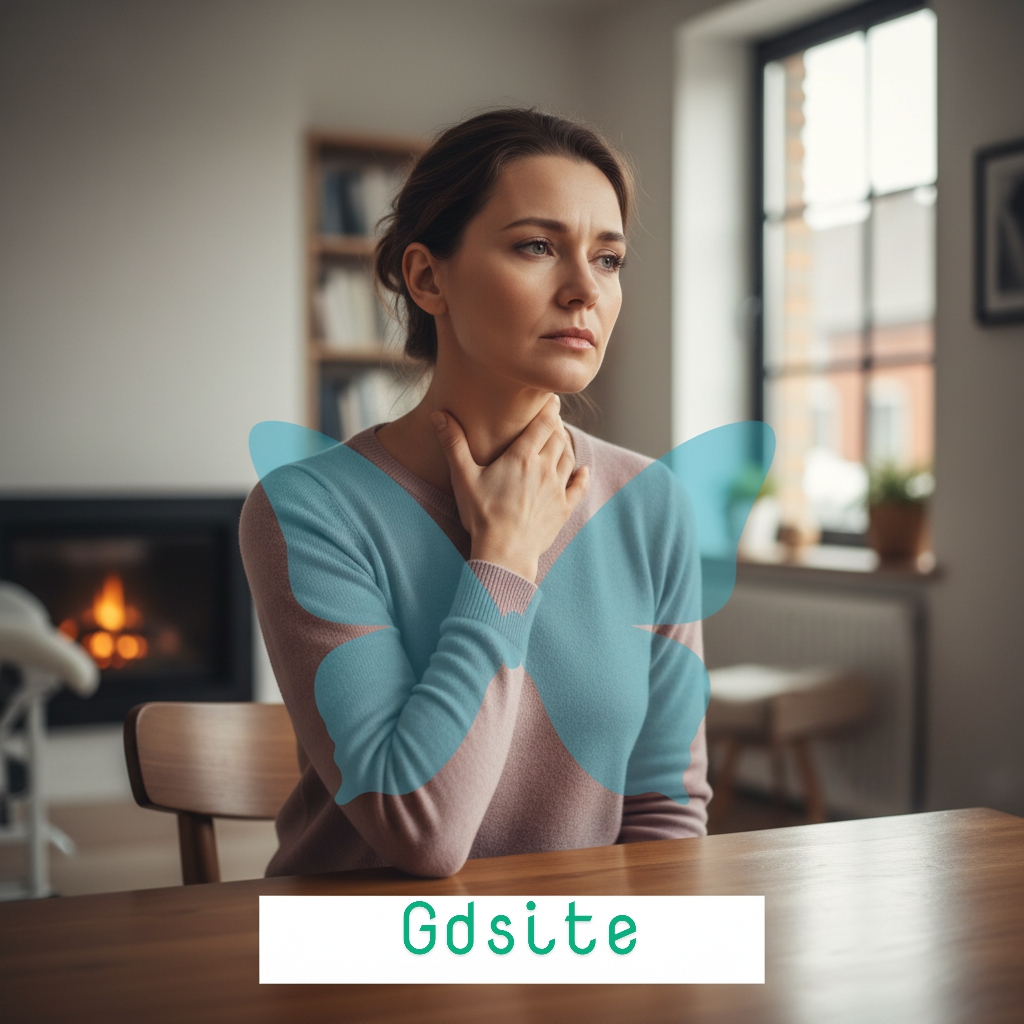 Tired woman holding her neck - signs of undiagnosed hypothyroidism.