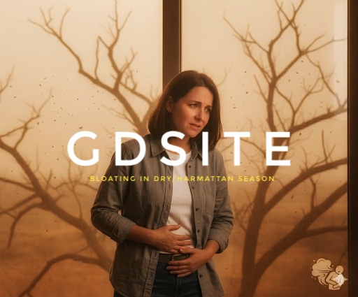 Person holding bloated abdomen with dry harmattan haze in the background representing digestive discomfort in dry season
