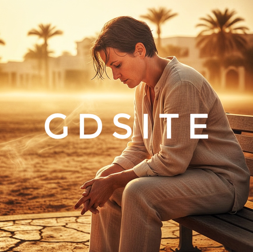 Exhausted person sitting outside in hot sunny weather showing signs of chronic fatigue in hot climates